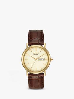 Citizen BM8242-08P Men's Eco-Drive Leather Strap Watch, Brown/Gold, Brown/Gold
