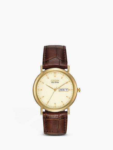 Citizen BM8242-08P Men's Eco-Drive Leather Strap Watch, Brown/Gold, Brown/Gold