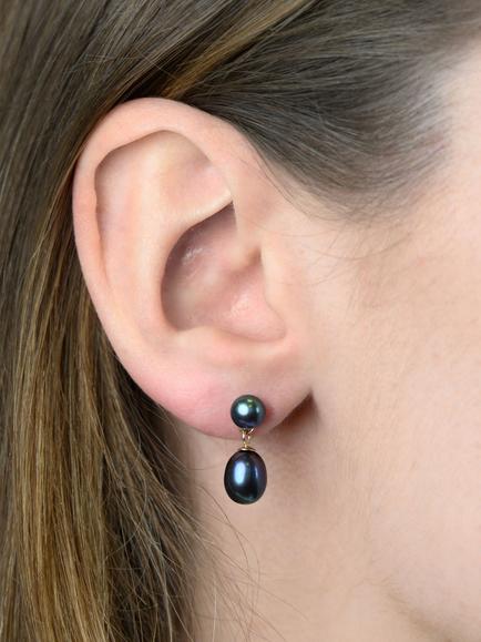 E.W Adams 9ct Gold Freshwater Pearl Drop Earrings - view 2, Black