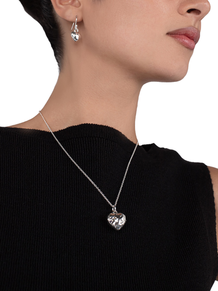 Andea Hammered Puffed Heart Pendant Necklace, Silver - view 2, Silver