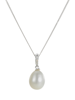 E.W Adams 9ct White Gold Freshwater Pearl and Diamond Pendant Necklace, Silver, Silver