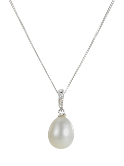 E.W Adams 9ct White Gold Freshwater Pearl and Diamond Pendant Necklace, Silver, Silver