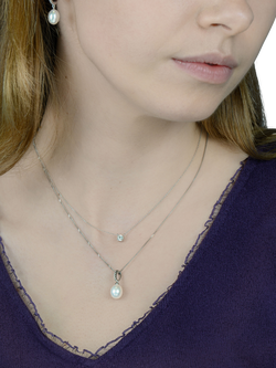 E.W Adams 9ct White Gold Freshwater Pearl and Diamond Pendant Necklace, Silver - view 2, Silver