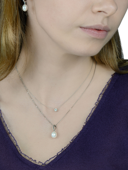 E.W Adams 9ct White Gold Freshwater Pearl and Diamond Pendant Necklace, Silver - view 2, Silver