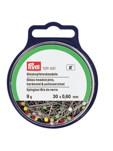 Prym Straight Glass-Headed Pins, 0.60 x 30 mm, 9G Tub, Multi