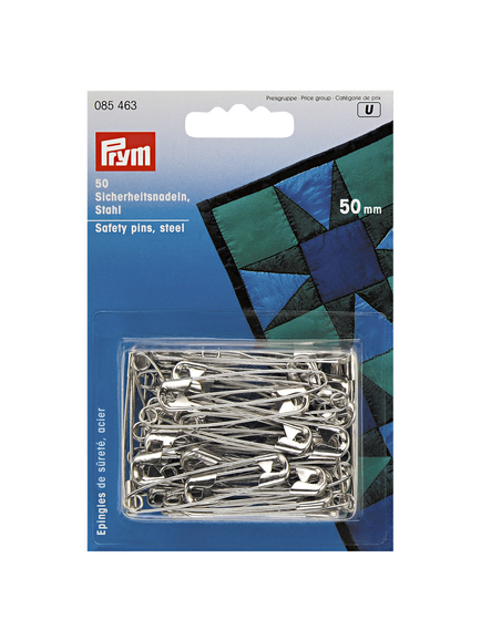 Prym Safety Pins, Steel, 50mm, Pack of 50, Silver