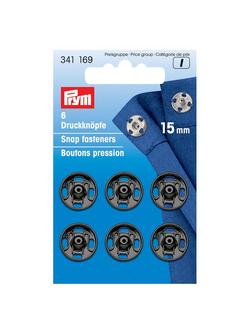 Prym Sew-On Metal Snap Fasteners, 15mm, Pack of 6, Black, Black