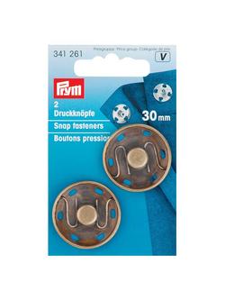 Prym Sew-On Snap Fasteners, 30mm, Pack of 2, Antique Brass, Antique Brass