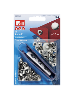 Prym Brass Anorak Press Fasteners, 15mm, Silver, Pack of 10, Silver