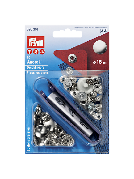 Prym Brass Anorak Press Fasteners, 15mm, Silver, Pack of 10, Silver