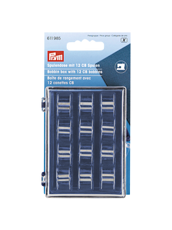 Prym Bobbin Box with 12 x CB Metal Bobbins, Silver