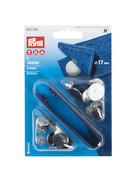 Prym Jeans Buttons, 17mm, Silver, Pack of 8,, Silver