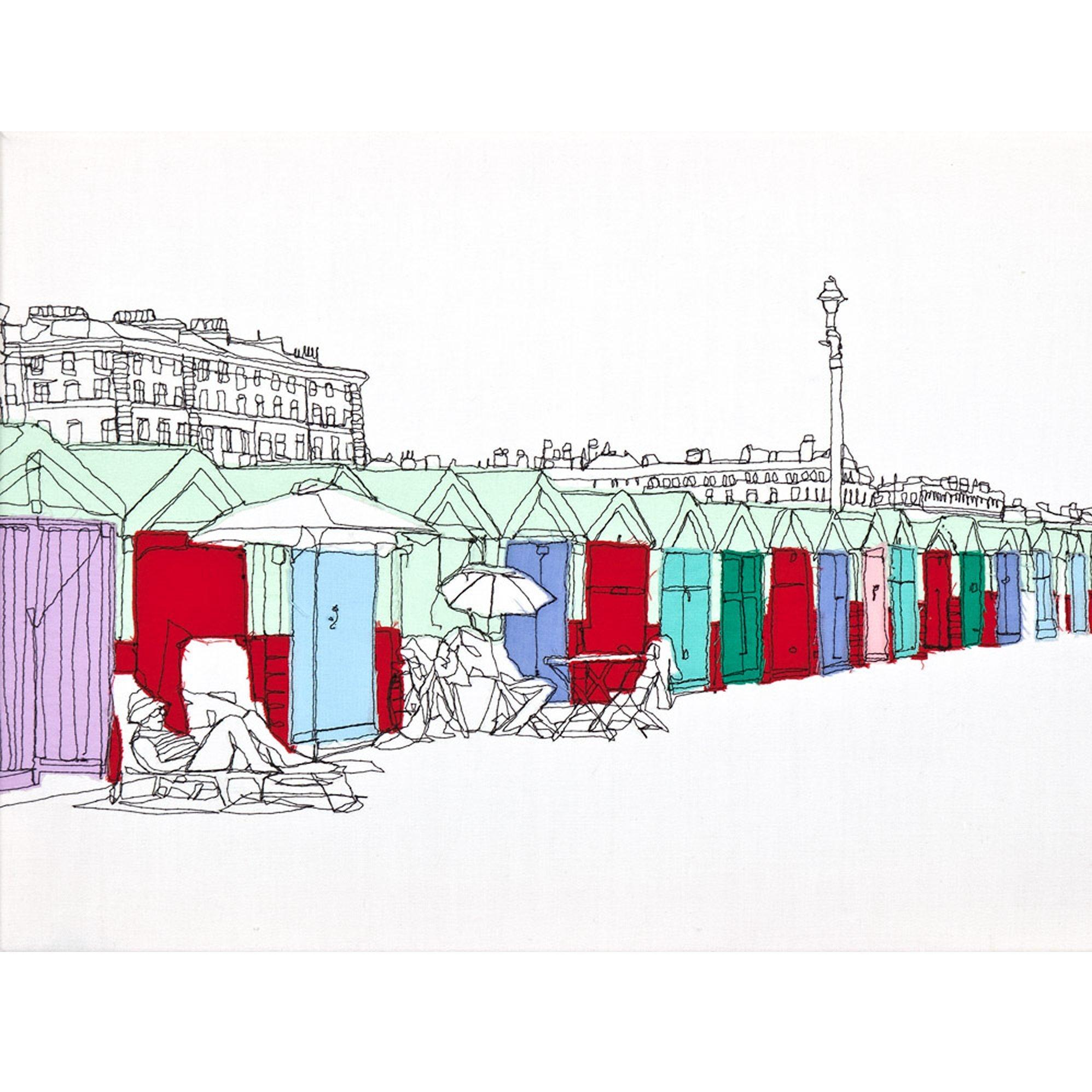 Gillian Bates - Beach Huts Bright, Stretched Canvas 