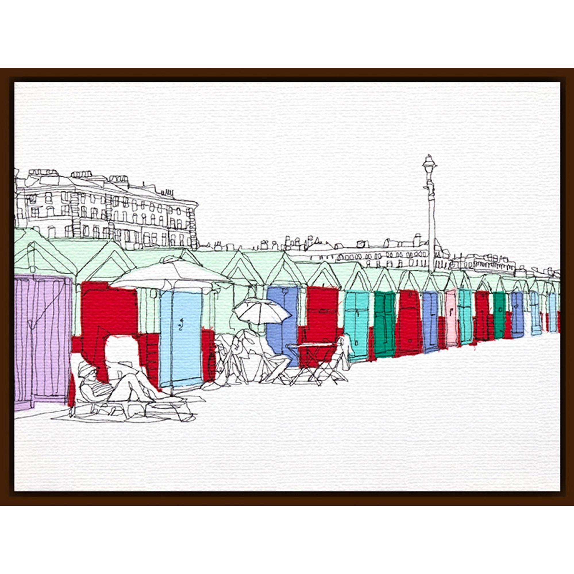 Gillian Bates - Beach Huts Bright, Dark Brown Framed Canvas, 60 x 80cm