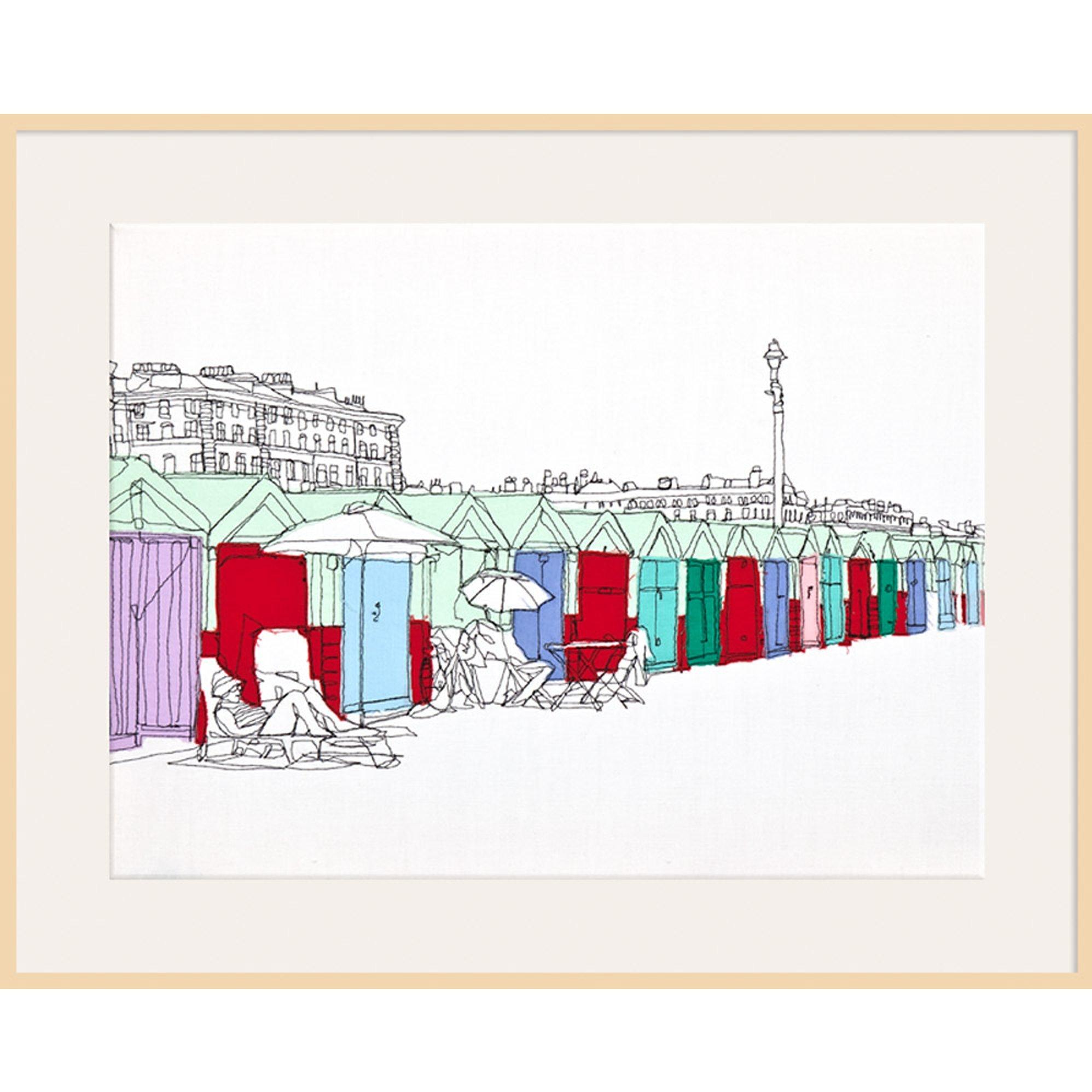 Gillian Bates - Beach Huts Bright, Natural Ash Framed Print