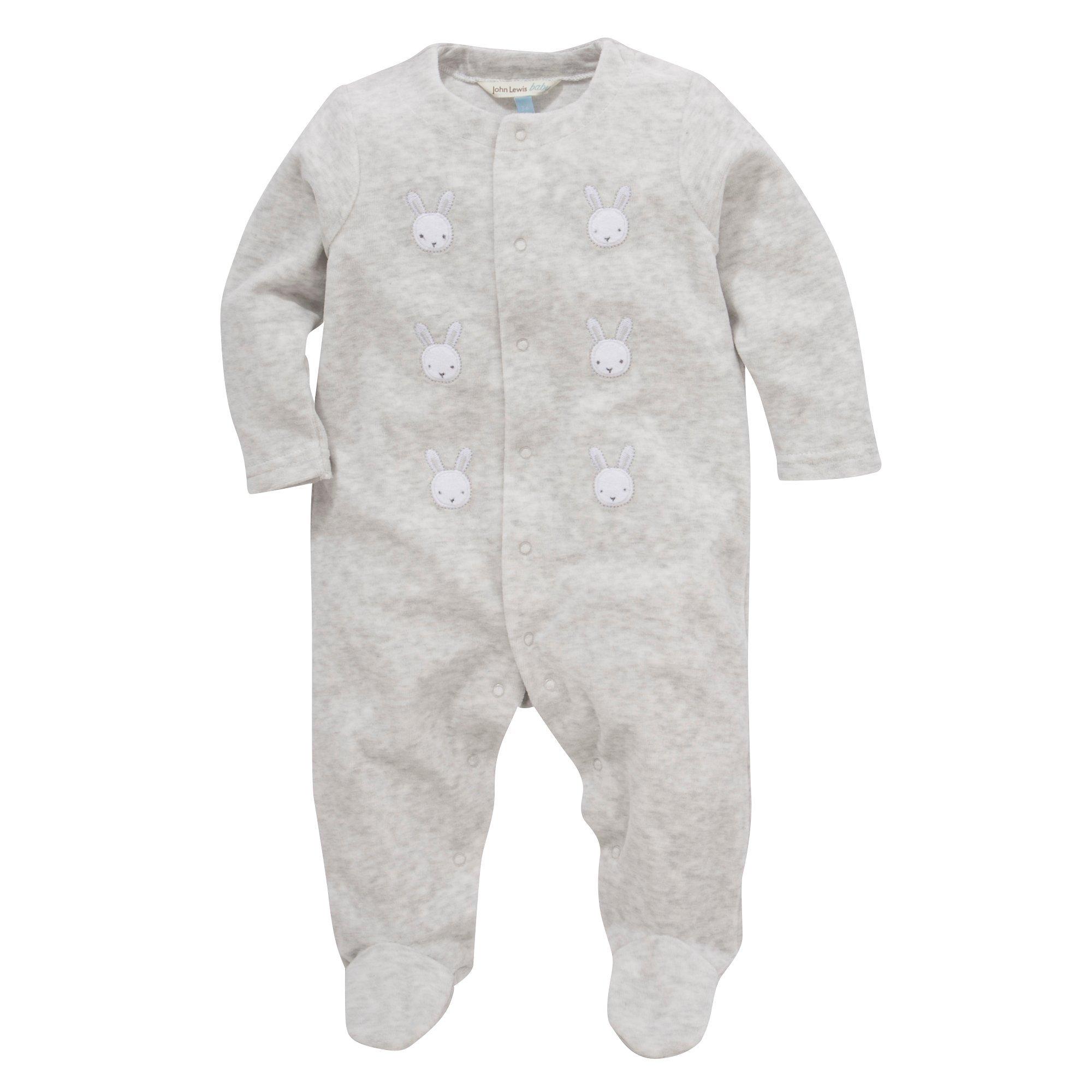 John Lewis & Partners Baby Bunny Velour Sleepsuit, Grey