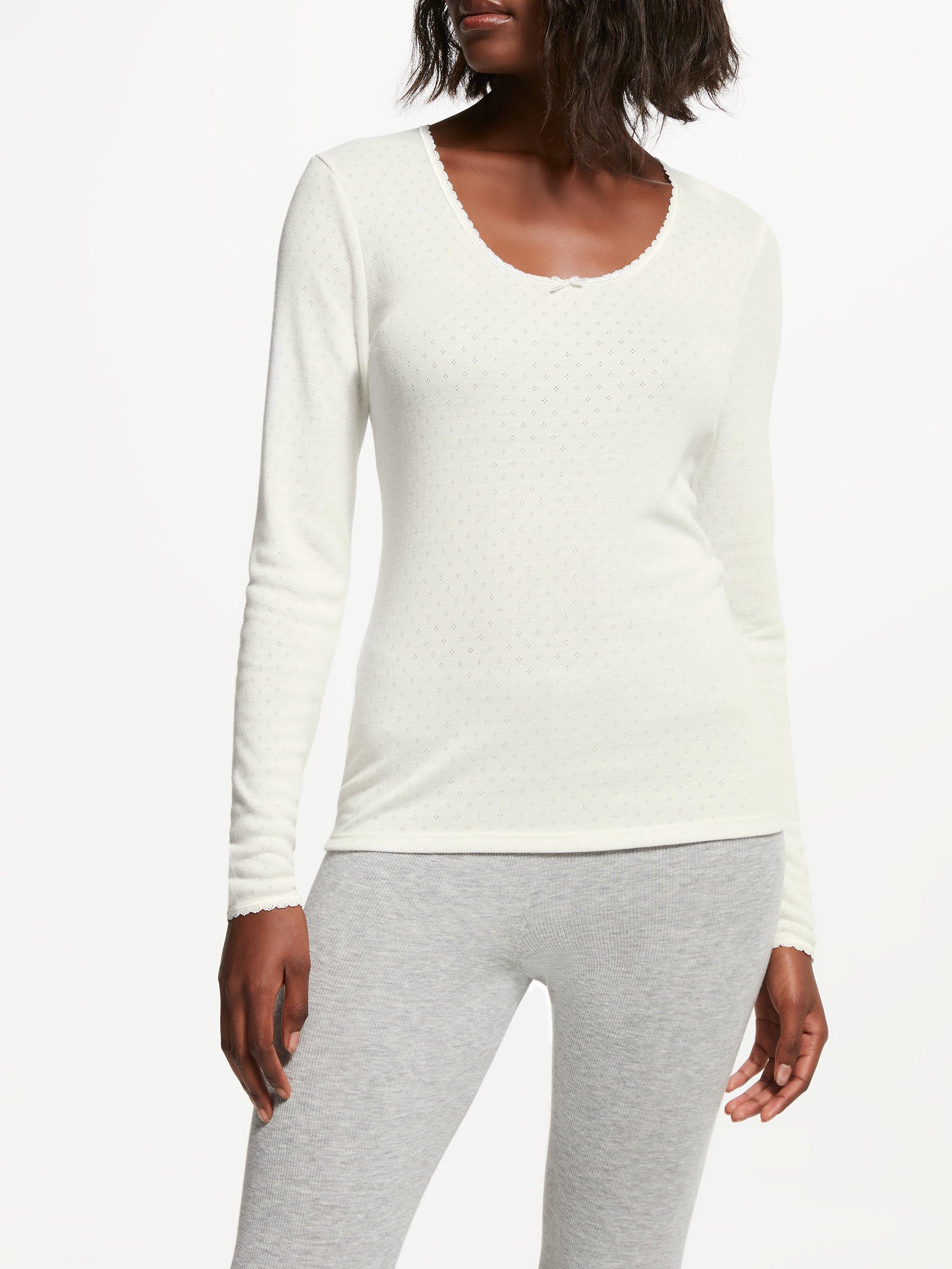 John Lewis Long Sleeve Thermal Pointelle Top, Ivory, 8-10