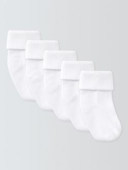John Lewis Baby Organic Cotton Rich Roll Top Socks, Pack of 5, White, White