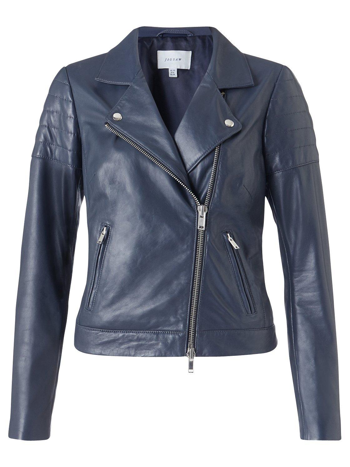Jigsaw Quilted Sleeve Leather Biker Jacket, Navy