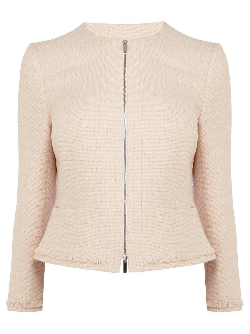 Karen Millen Fringed Tweed Jacket, Pale Pink