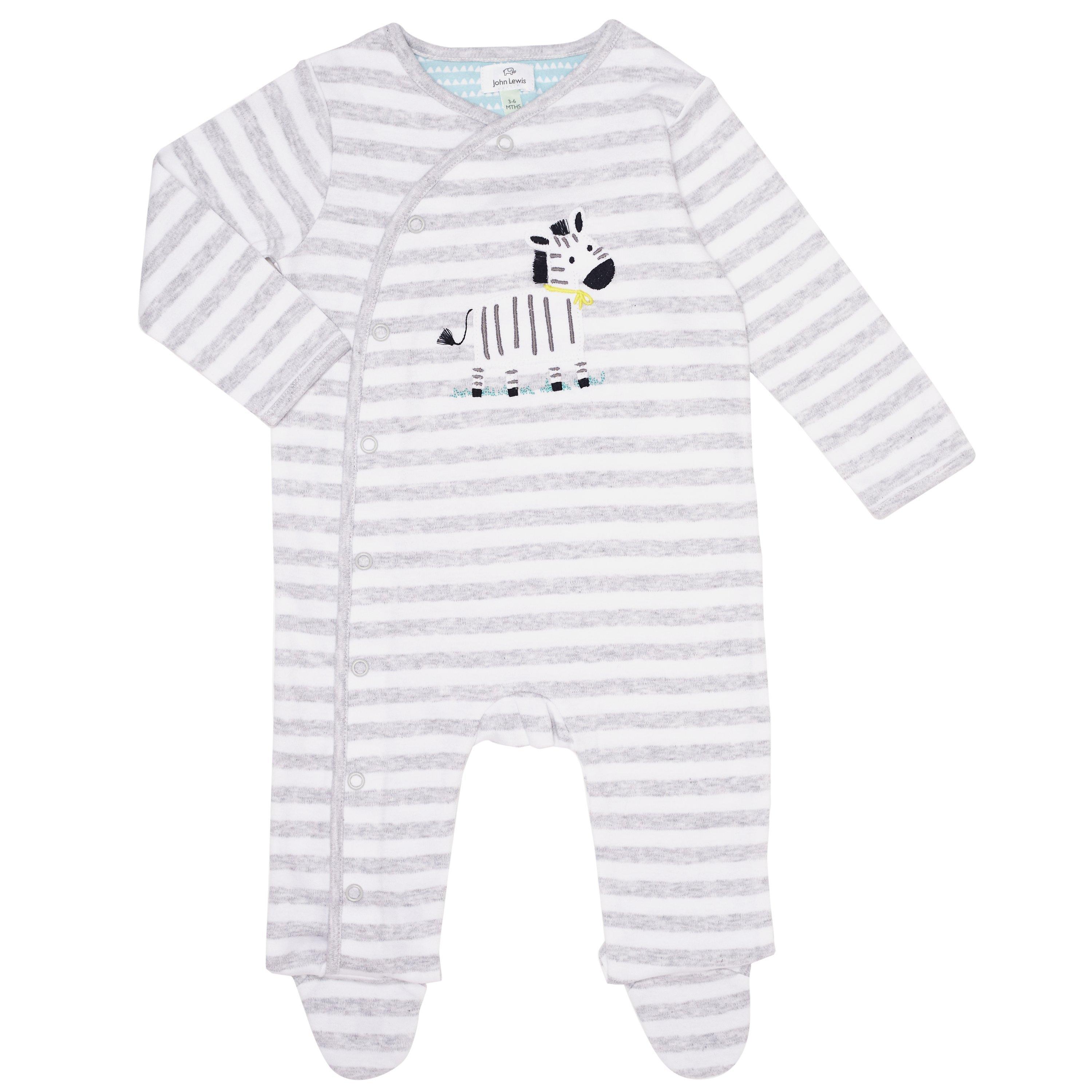 John Lewis & Partners Baby Zebra Sleepsuit, Grey