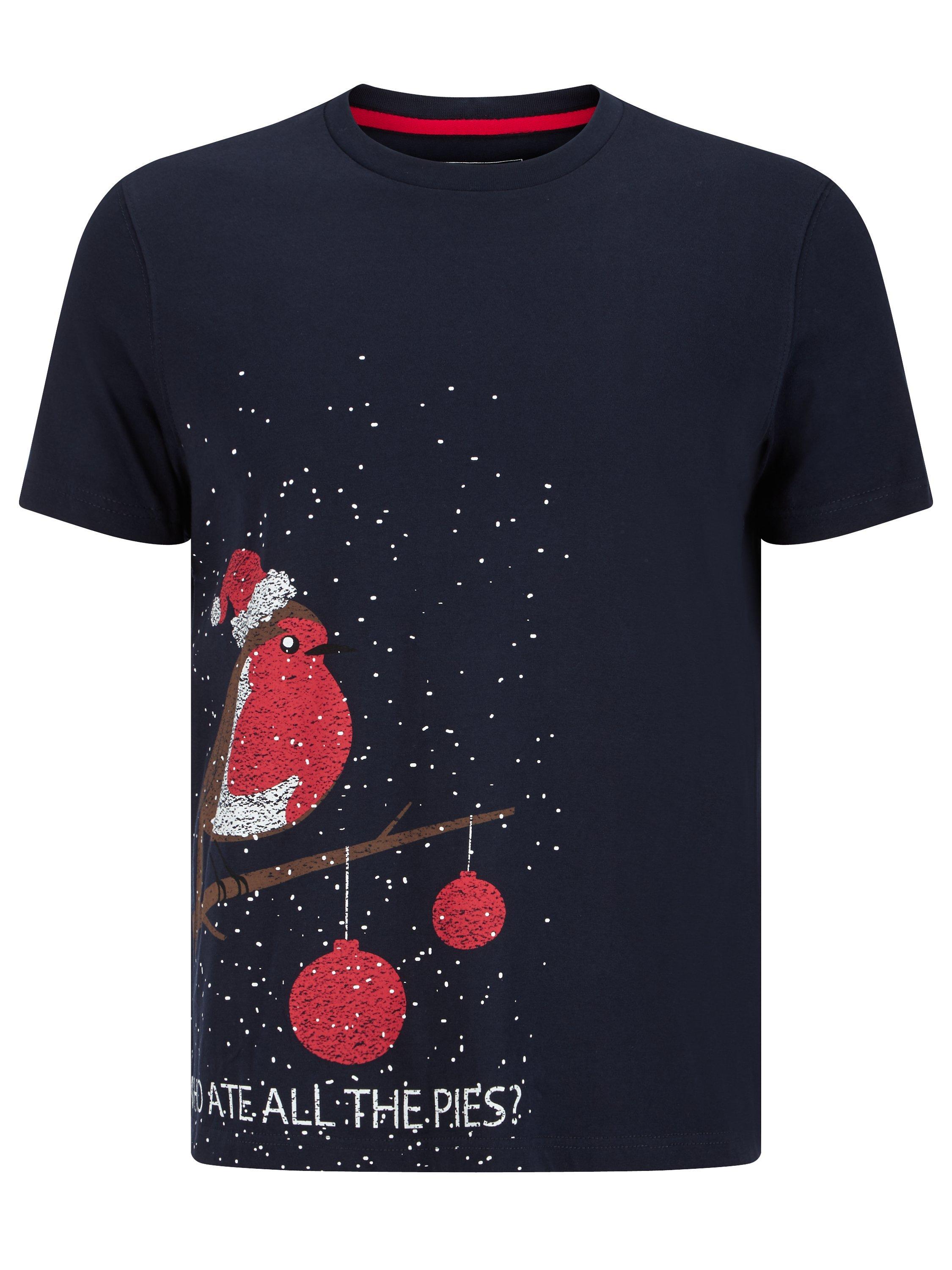 John Lewis Christmas Robin Organic Cotton T-Shirt, Navy