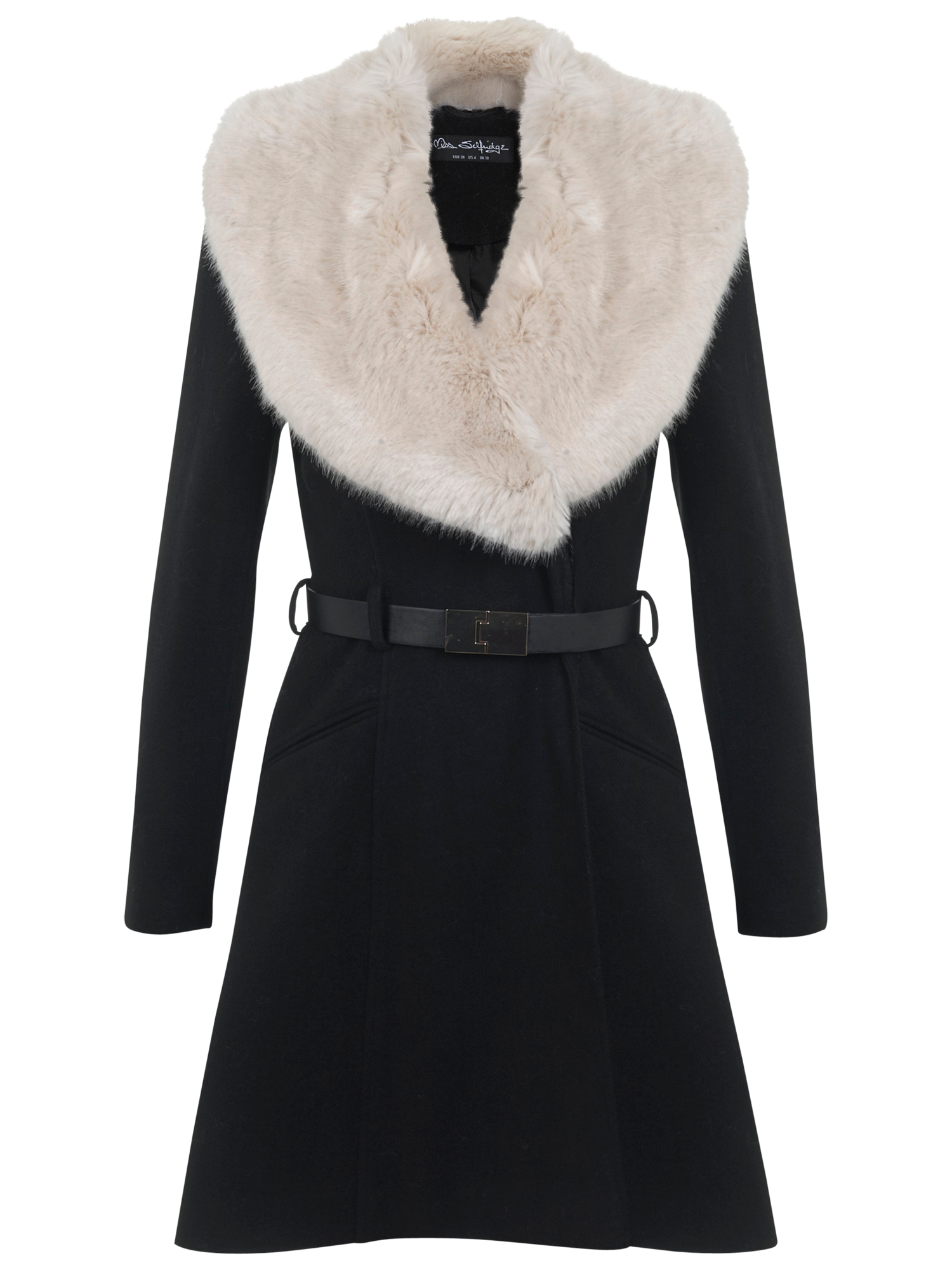 Miss Selfridge Faux Fur Collar Belted Coat Black