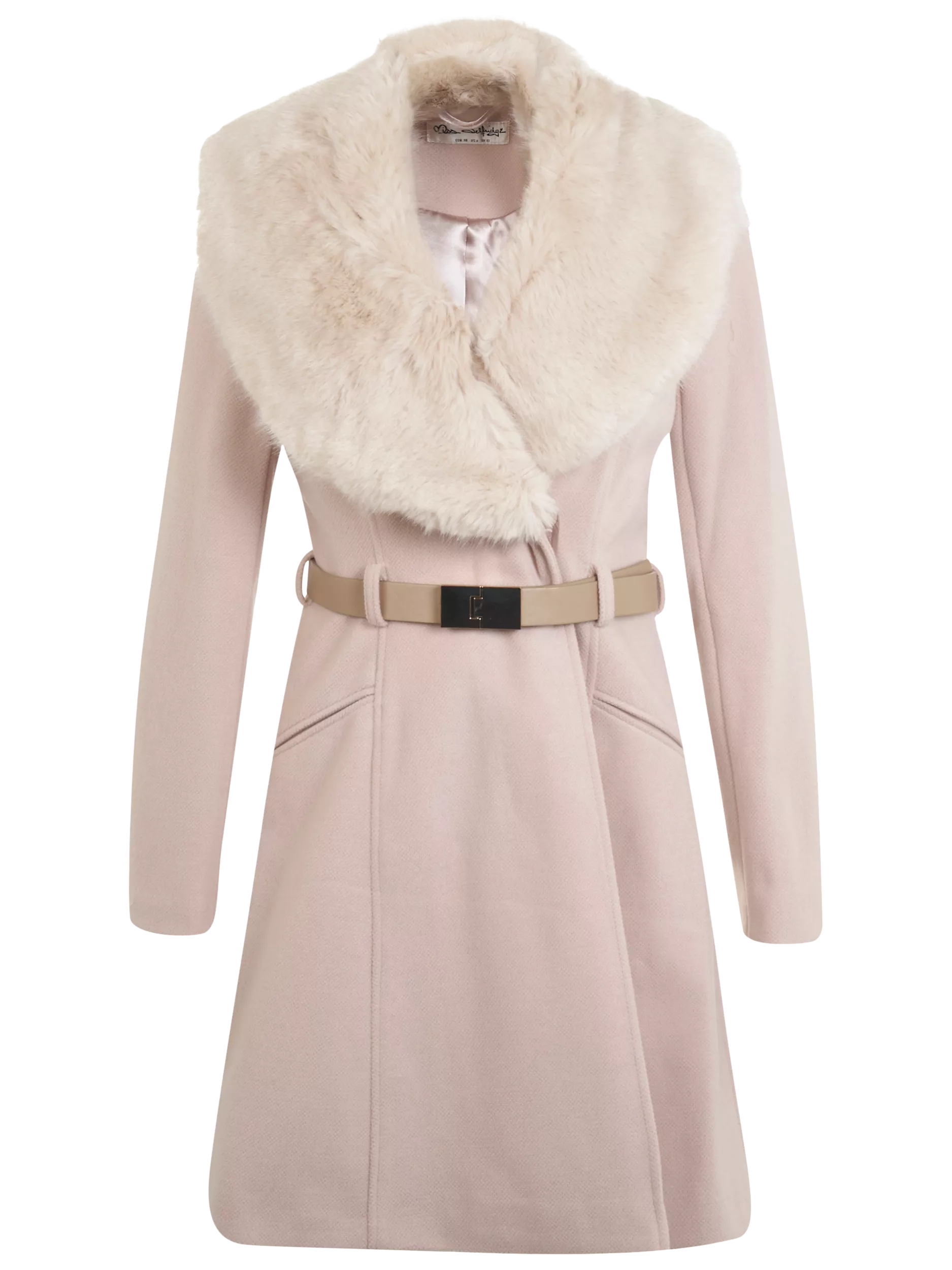 Miss Selfridge Faux Fur Collar Coat Nude