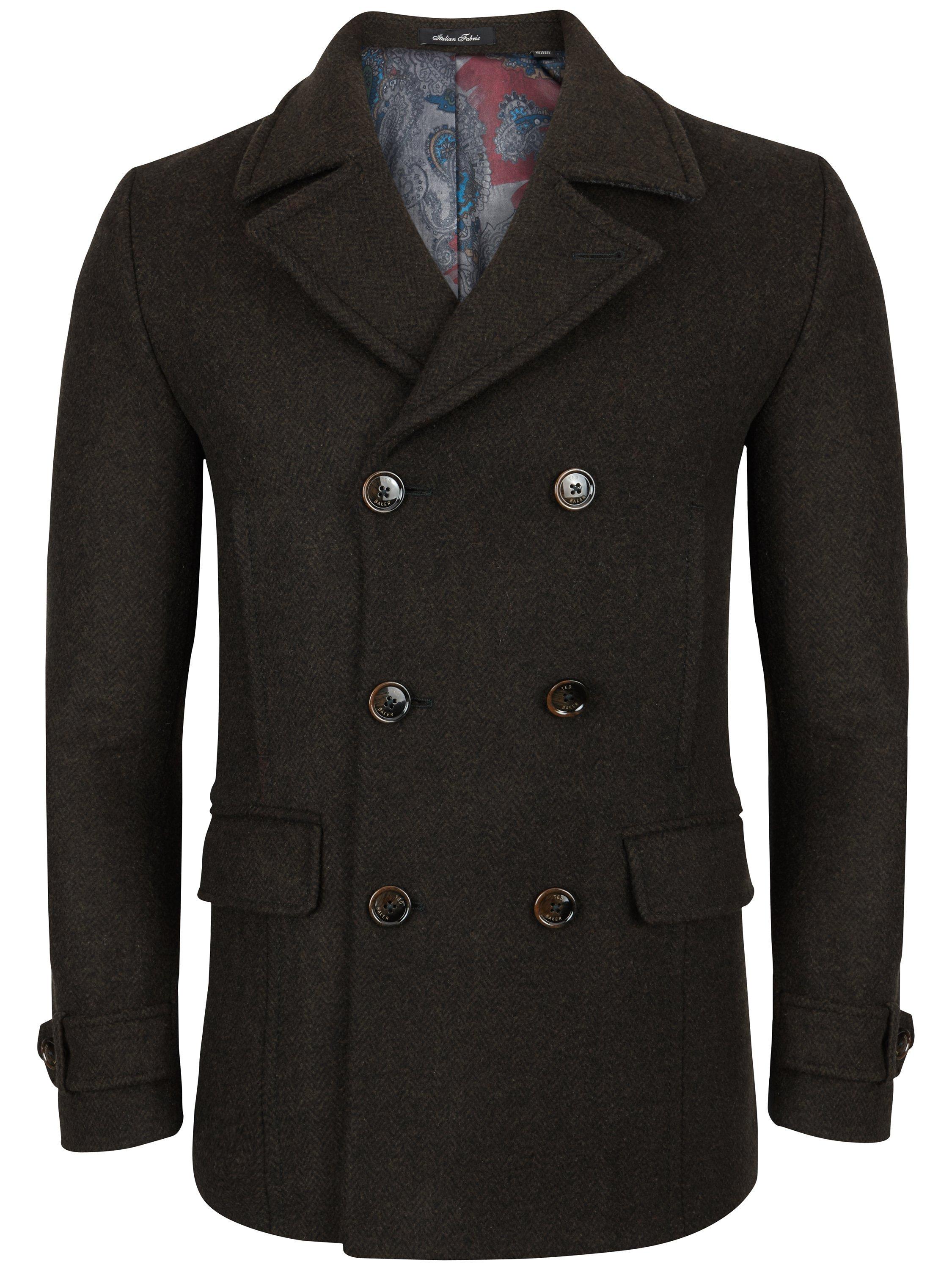 Ted Baker Ossain Herringbone Wool Peacoat Dark Green