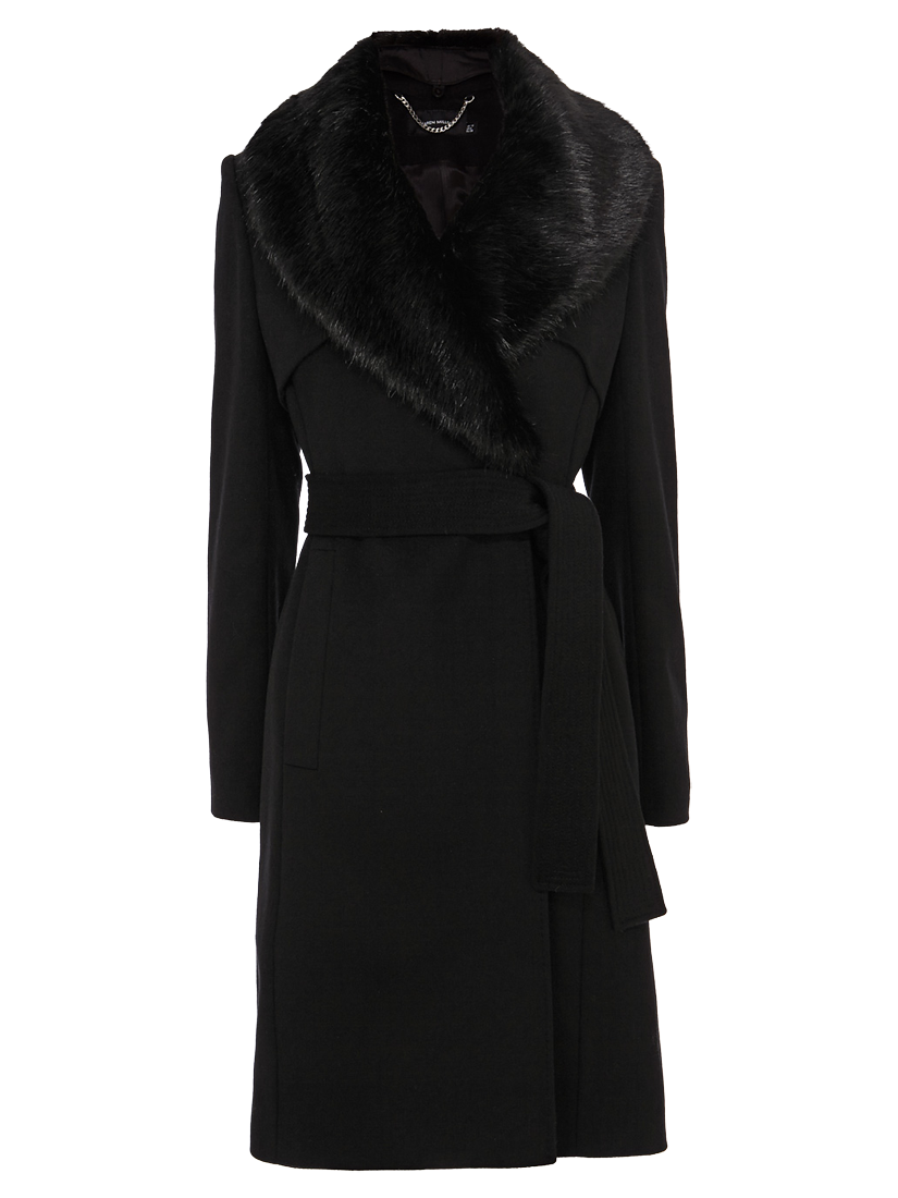 Karen Millen Faux Fur Collar Wool Trench Coat Black