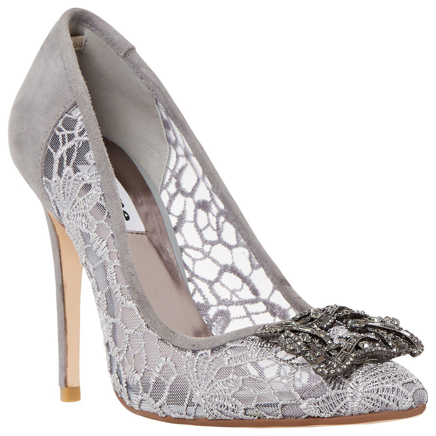 Dune Breanna Jewelled Brooch Court Shoes, Grey Fabric