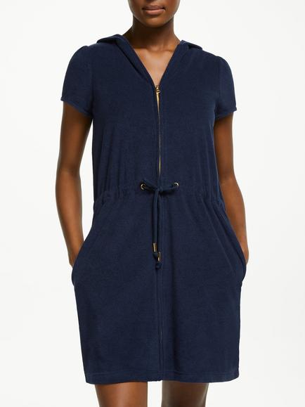 John Lewis Zip Front Towelling Beach Mini Dress, Navy