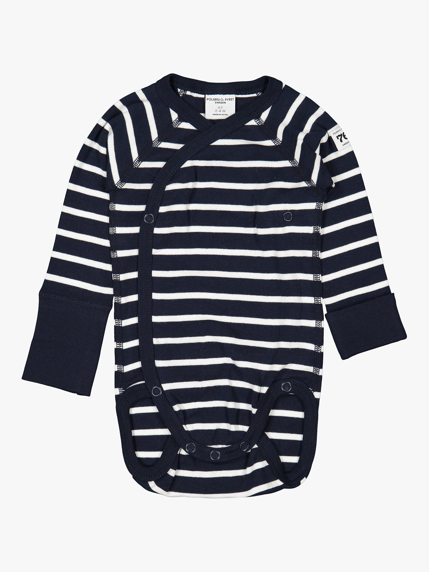 Product image 1 of 5, which shows Polarn O. Pyret Baby GOTS Organic Cotton Stripe Wraparound Bodysuit, Blue, Early baby