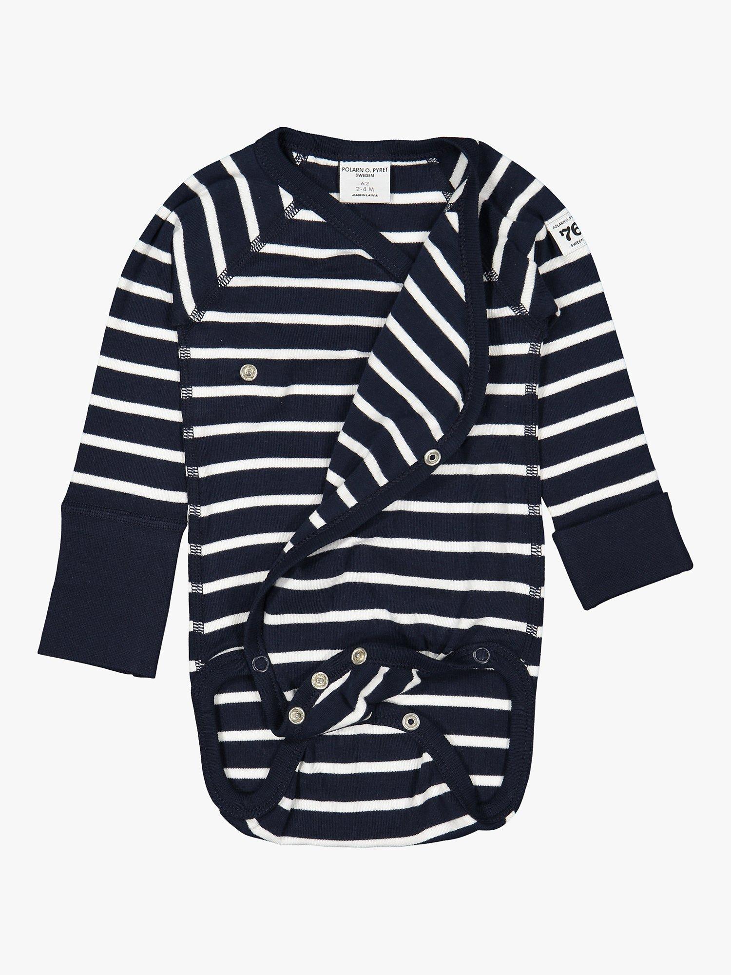 Product image 2 of 5, which shows Polarn O. Pyret Baby GOTS Organic Cotton Stripe Wraparound Bodysuit, Blue, Early baby
