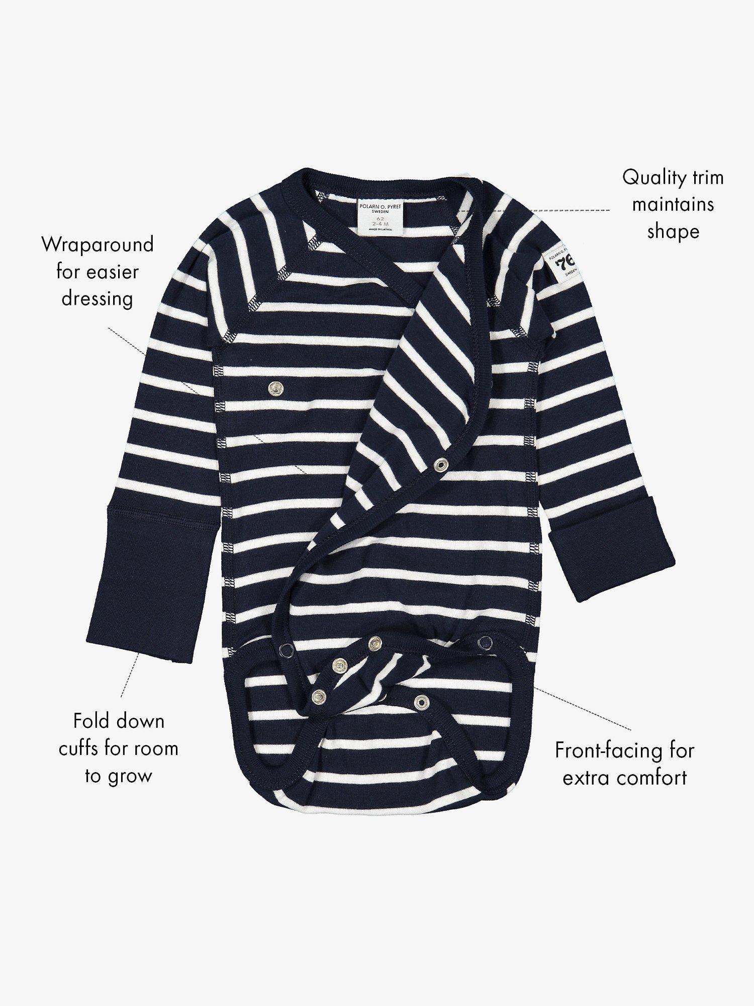 Product image 4 of 5, which shows Polarn O. Pyret Baby GOTS Organic Cotton Stripe Wraparound Bodysuit, Blue, Early baby