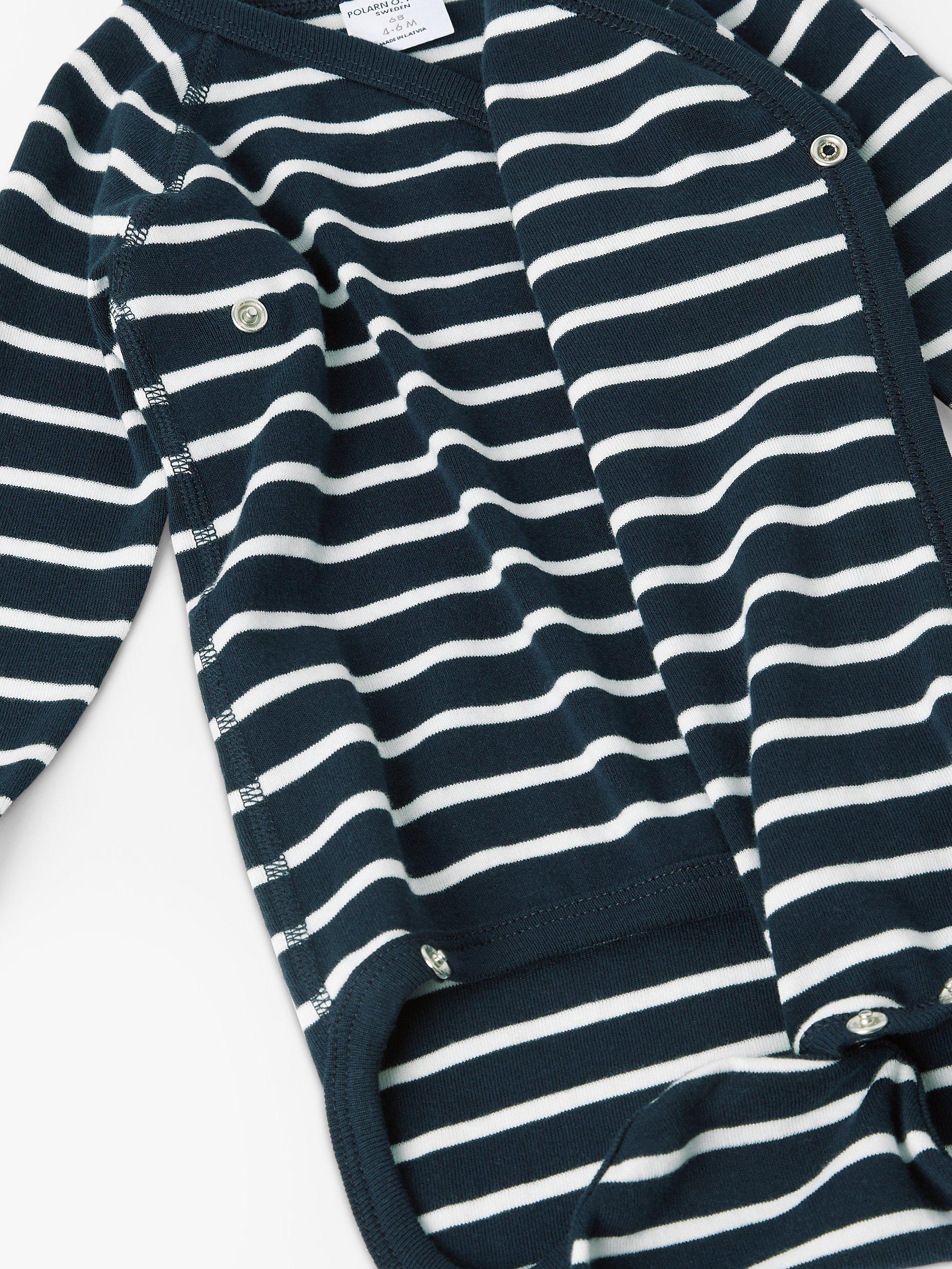 Product image 5 of 5, which shows Polarn O. Pyret Baby GOTS Organic Cotton Stripe Wraparound Bodysuit, Blue, Early baby