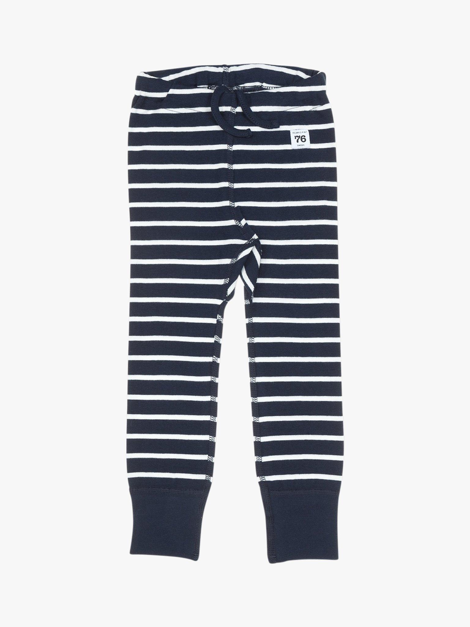 Product image 1 of 8, which shows Polarn O. Pyret Children's GOTS Organic Cotton Stripe Leggings, Navy, 6-8 years