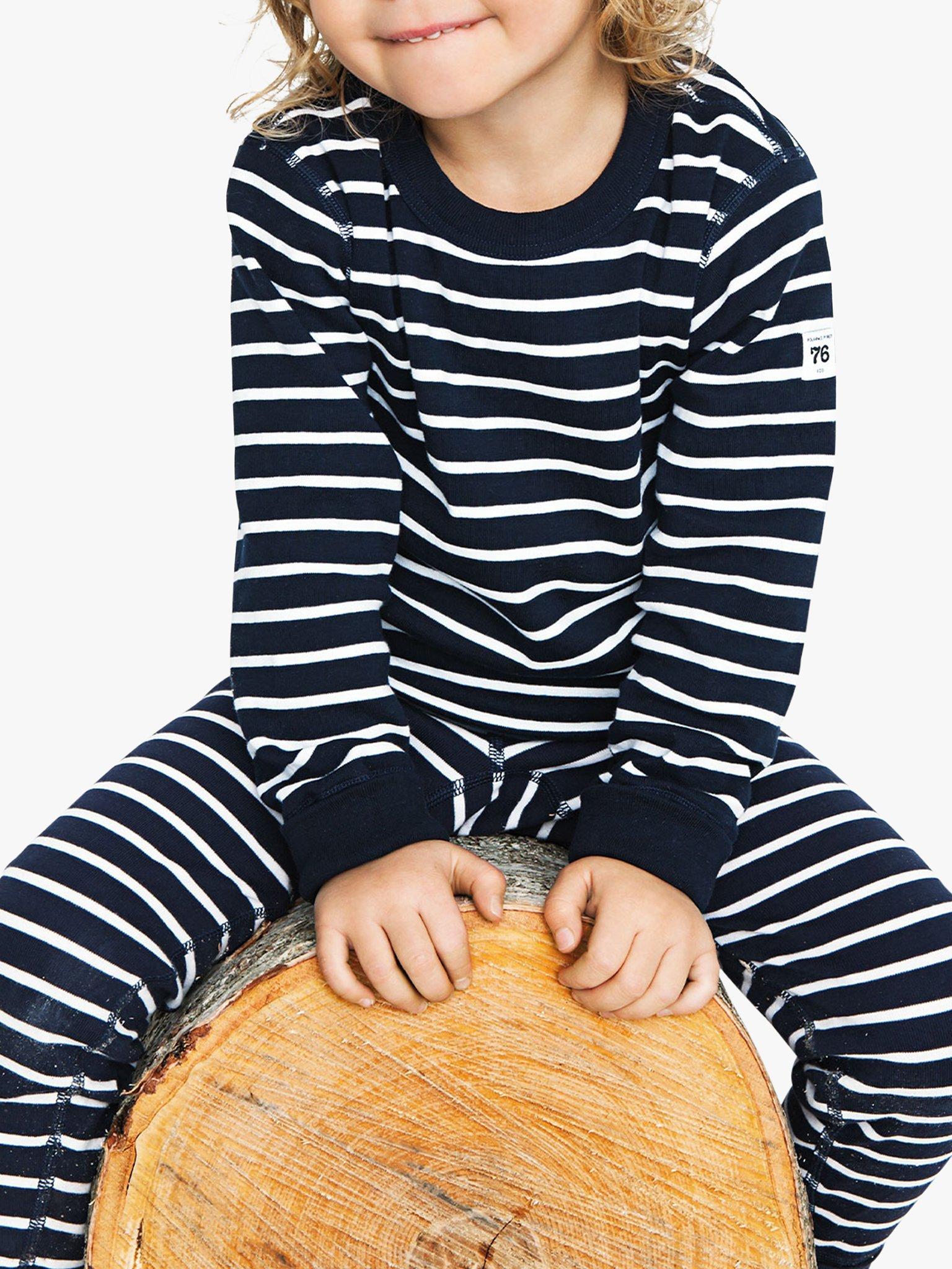 Product image 3 of 8, which shows Polarn O. Pyret Children's GOTS Organic Cotton Stripe Leggings, Navy, 6-8 years