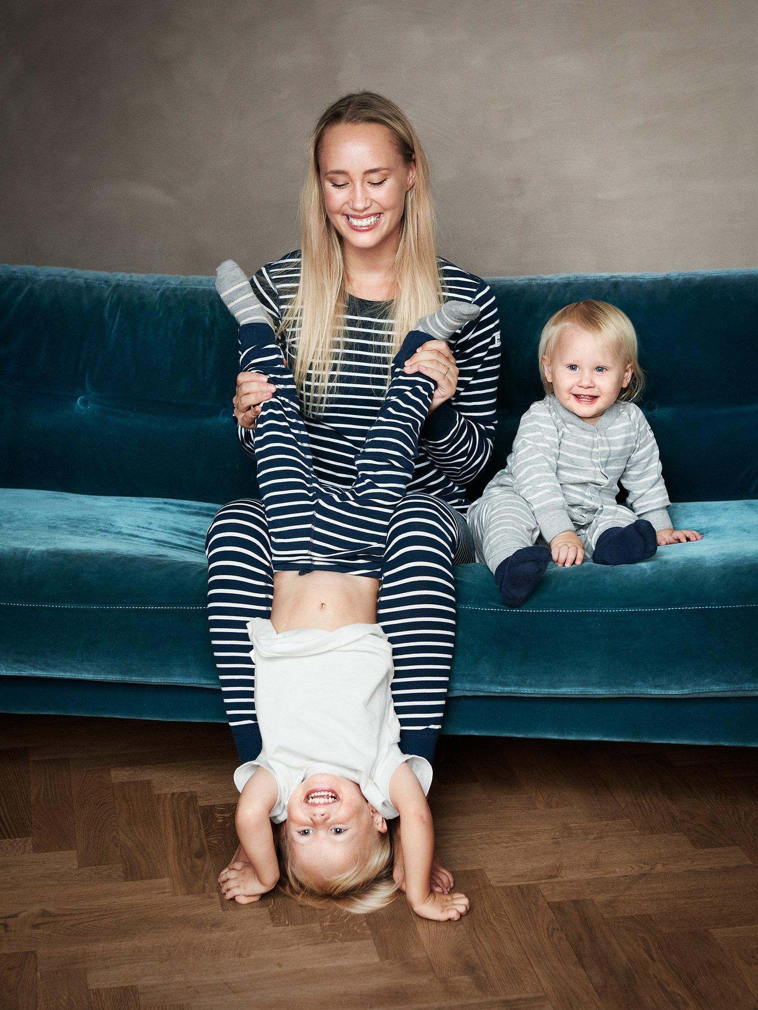 Product image 7 of 8, which shows Polarn O. Pyret Children's GOTS Organic Cotton Stripe Leggings, Navy, 6-8 years