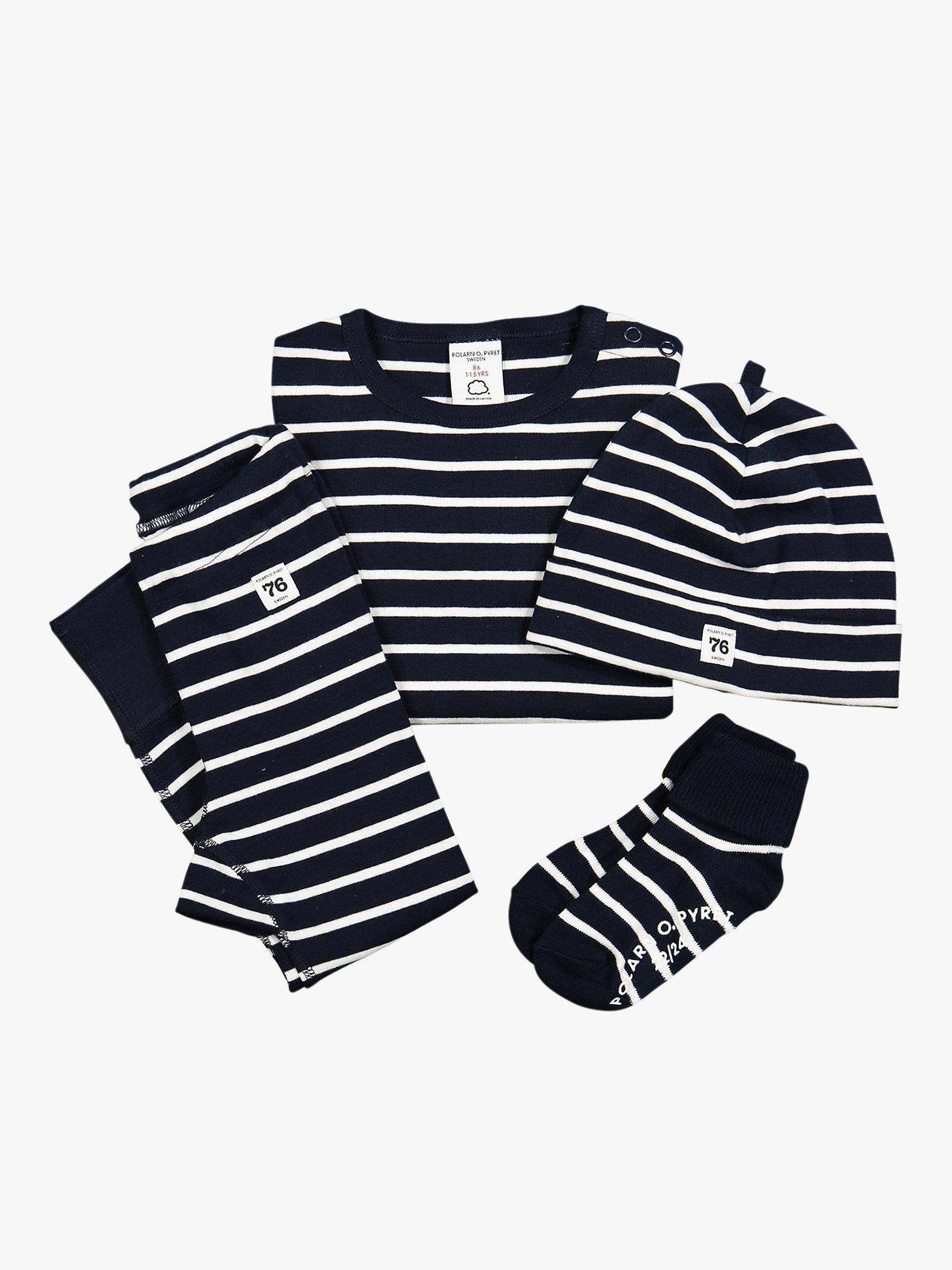 Product image 8 of 8, which shows Polarn O. Pyret Children's GOTS Organic Cotton Stripe Leggings, Navy, 6-8 years
