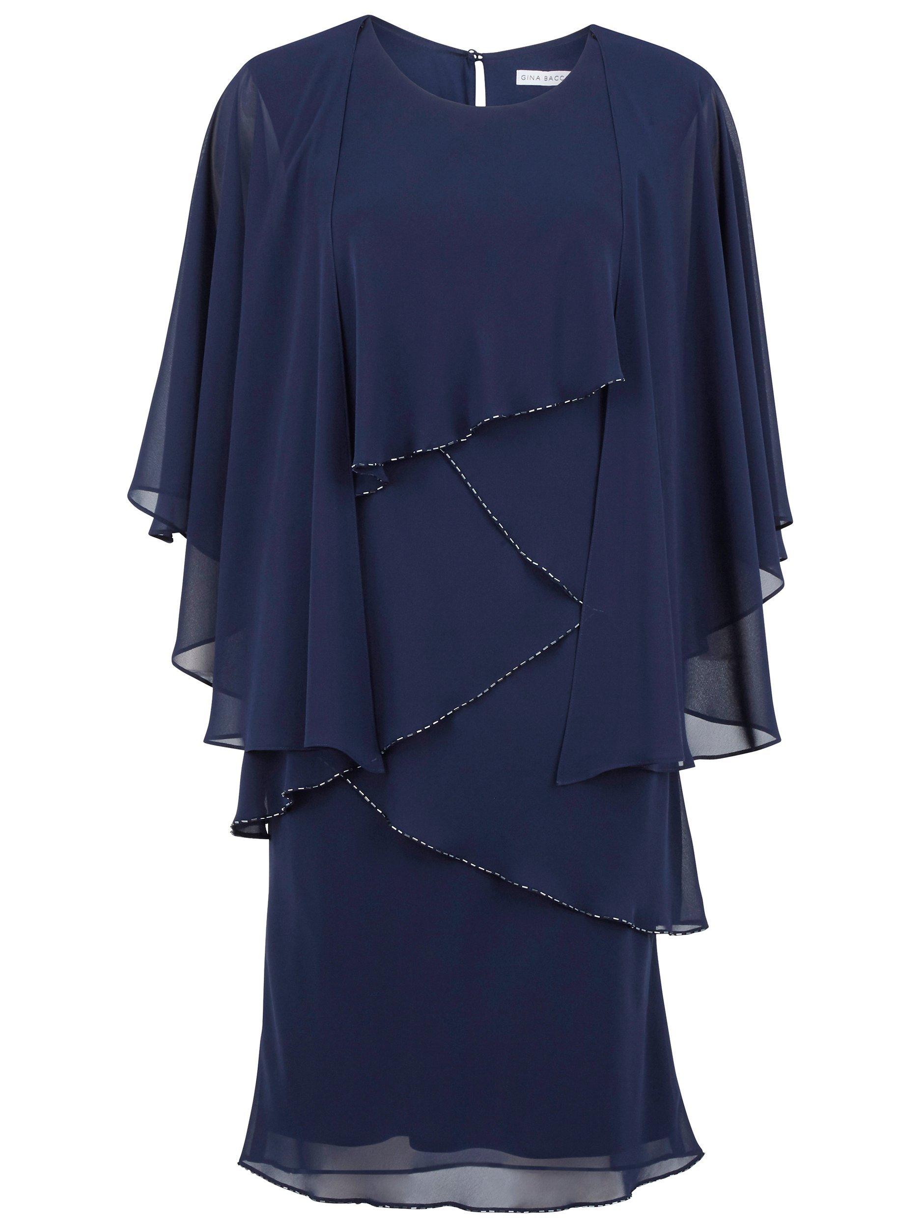 Product image 2 of 6, which shows Gina Bacconi Chiffon Shawl and Beaded Edge Dress, Navy, 8