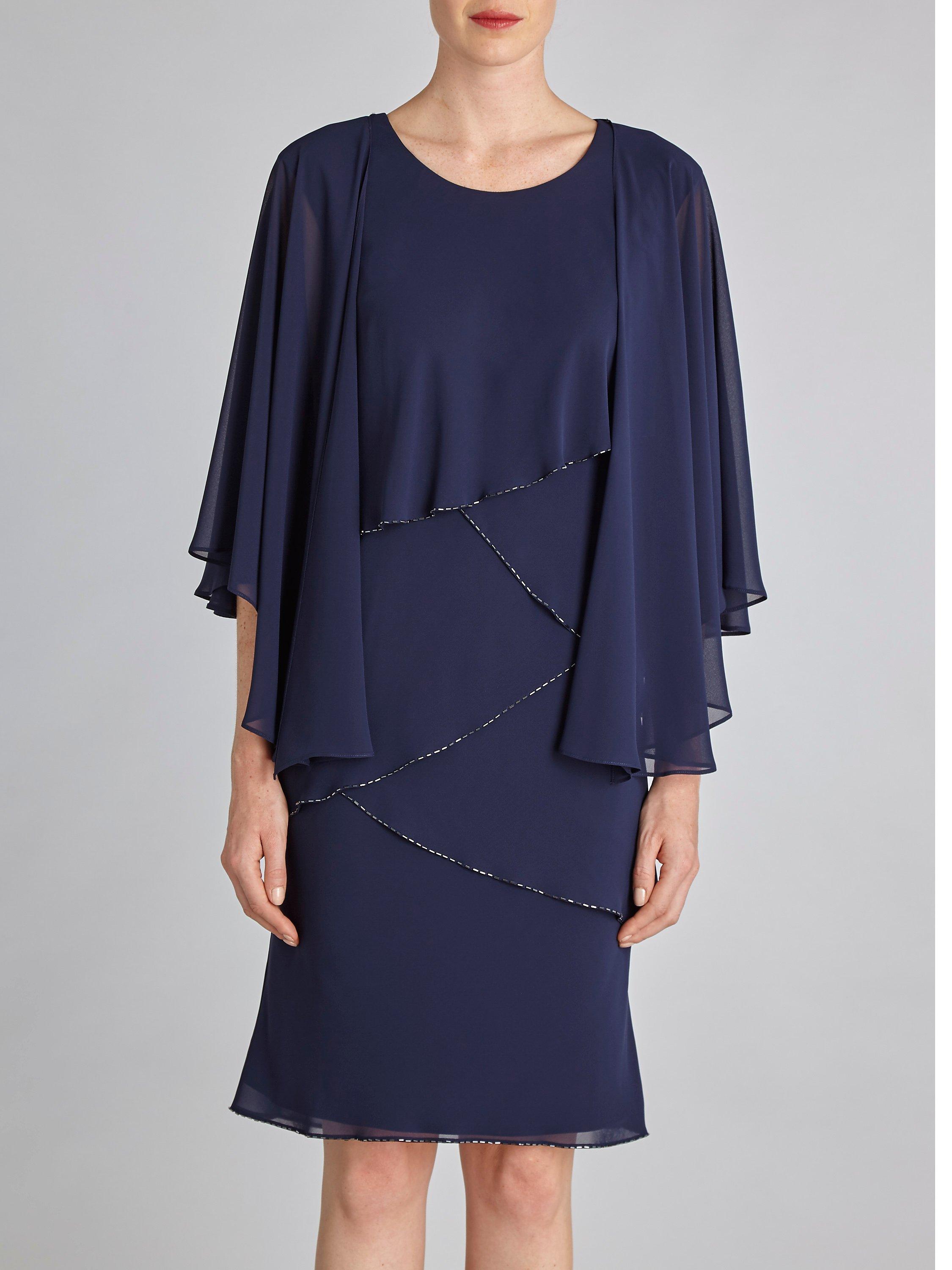 Product image 1 of 6, which shows Gina Bacconi Chiffon Shawl and Beaded Edge Dress, Navy, 8
