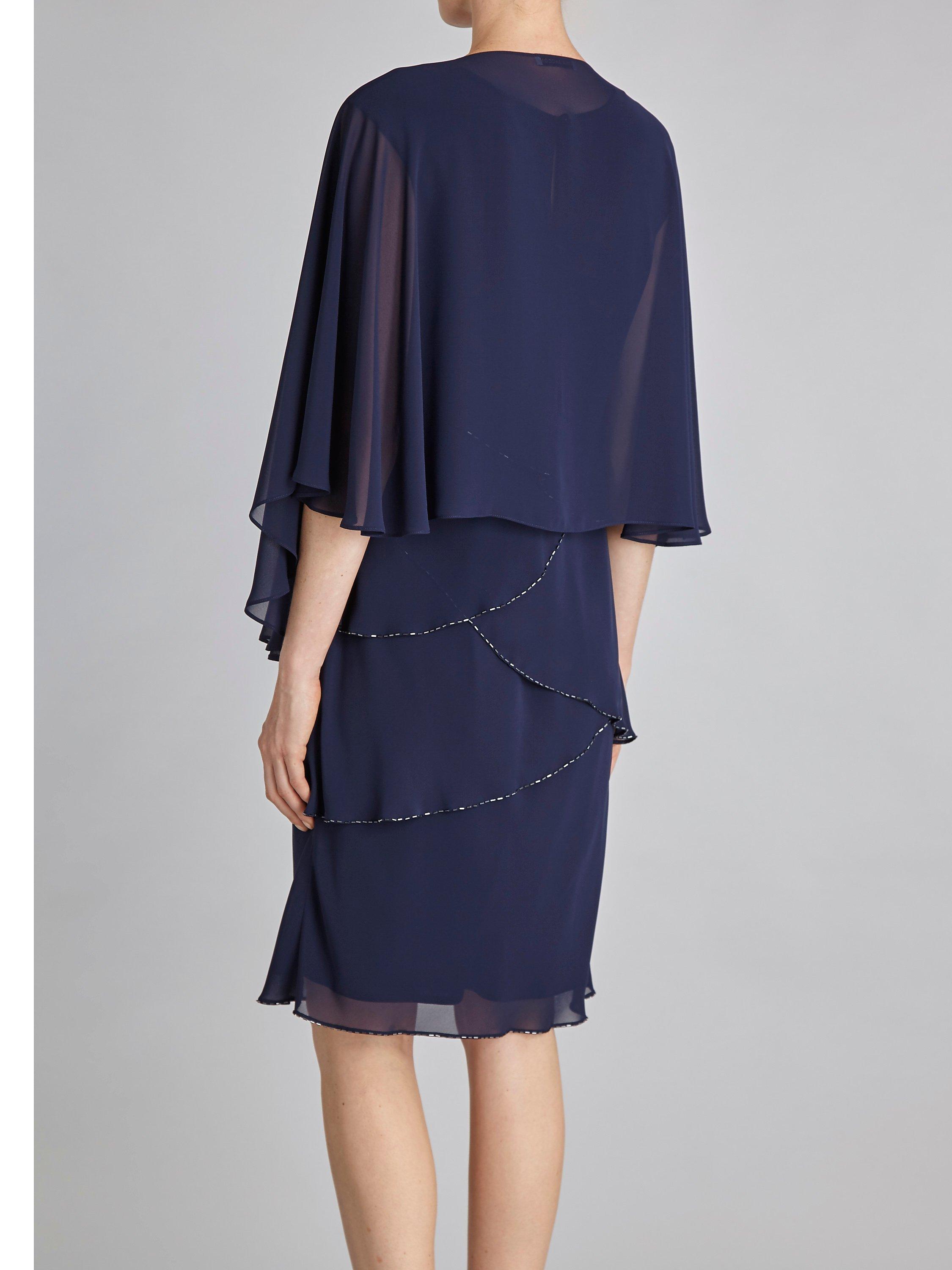 Product image 3 of 6, which shows Gina Bacconi Chiffon Shawl and Beaded Edge Dress, Navy, 8