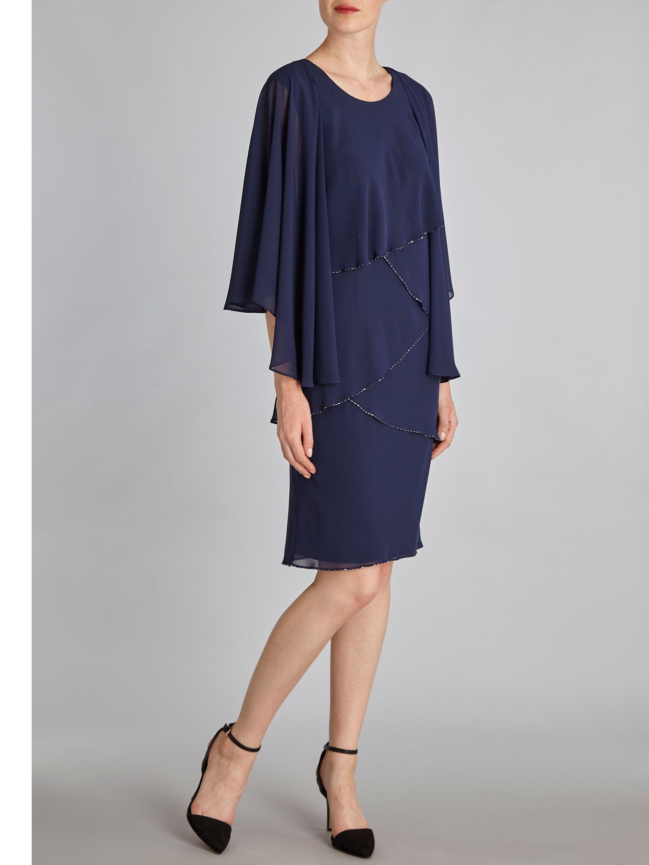 Product image 5 of 6, which shows Gina Bacconi Chiffon Shawl and Beaded Edge Dress, Navy, 8