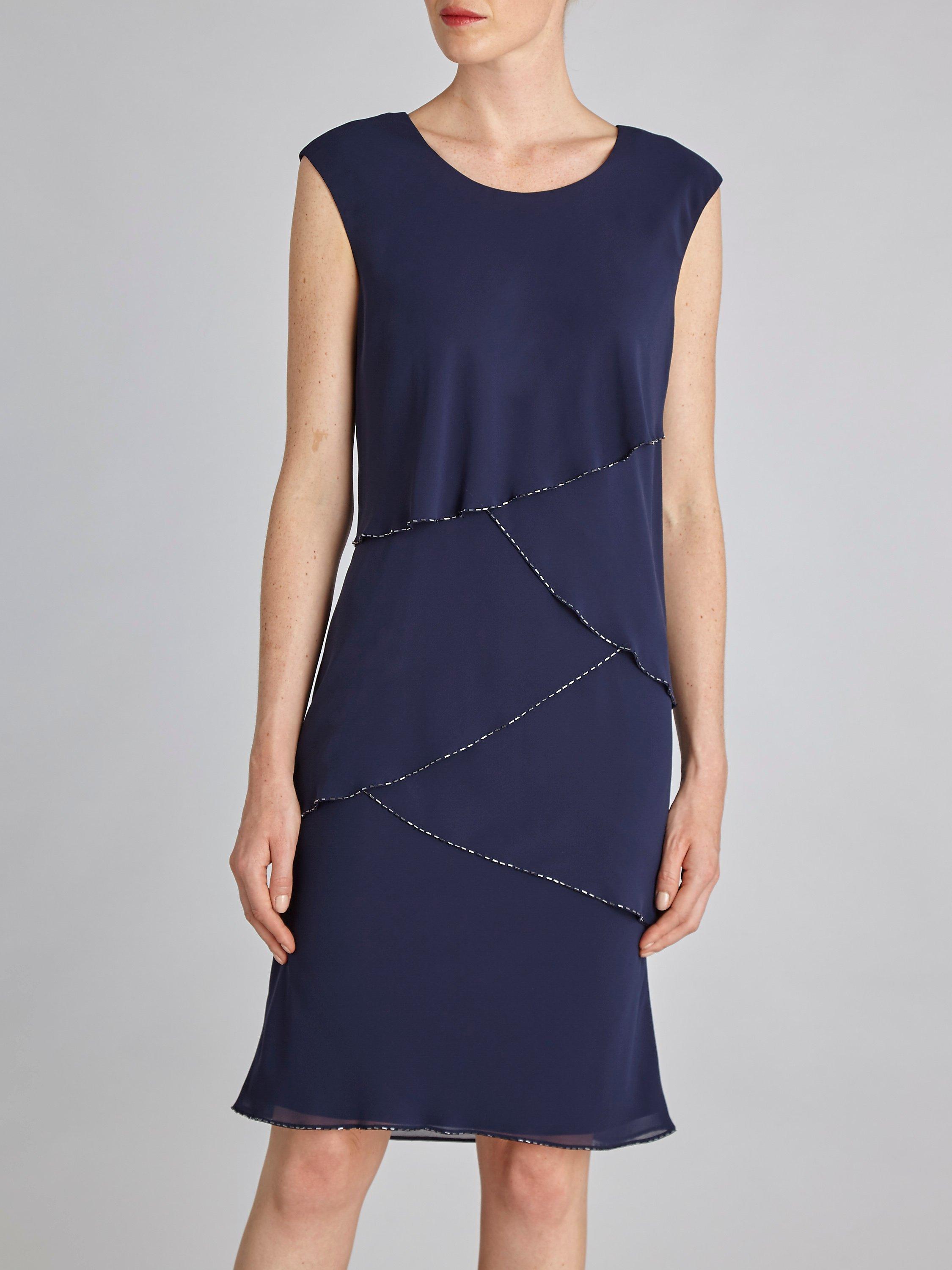 Product image 4 of 6, which shows Gina Bacconi Chiffon Shawl and Beaded Edge Dress, Navy, 8