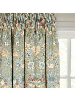 Morris & Co. Strawberry Thief Pair Lined Pencil Pleat Curtains, Duck Egg, Duck Egg