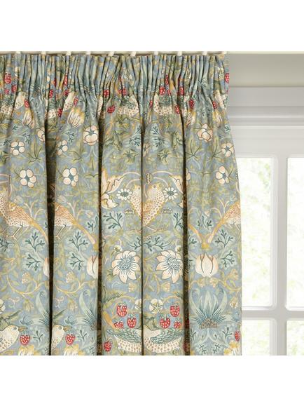 Morris & Co. Strawberry Thief Pair Lined Pencil Pleat Curtains, Duck Egg, Duck Egg