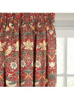 Morris & Co. Strawberry Thief Pair Lined Pencil Pleat Curtains, Red, Red
