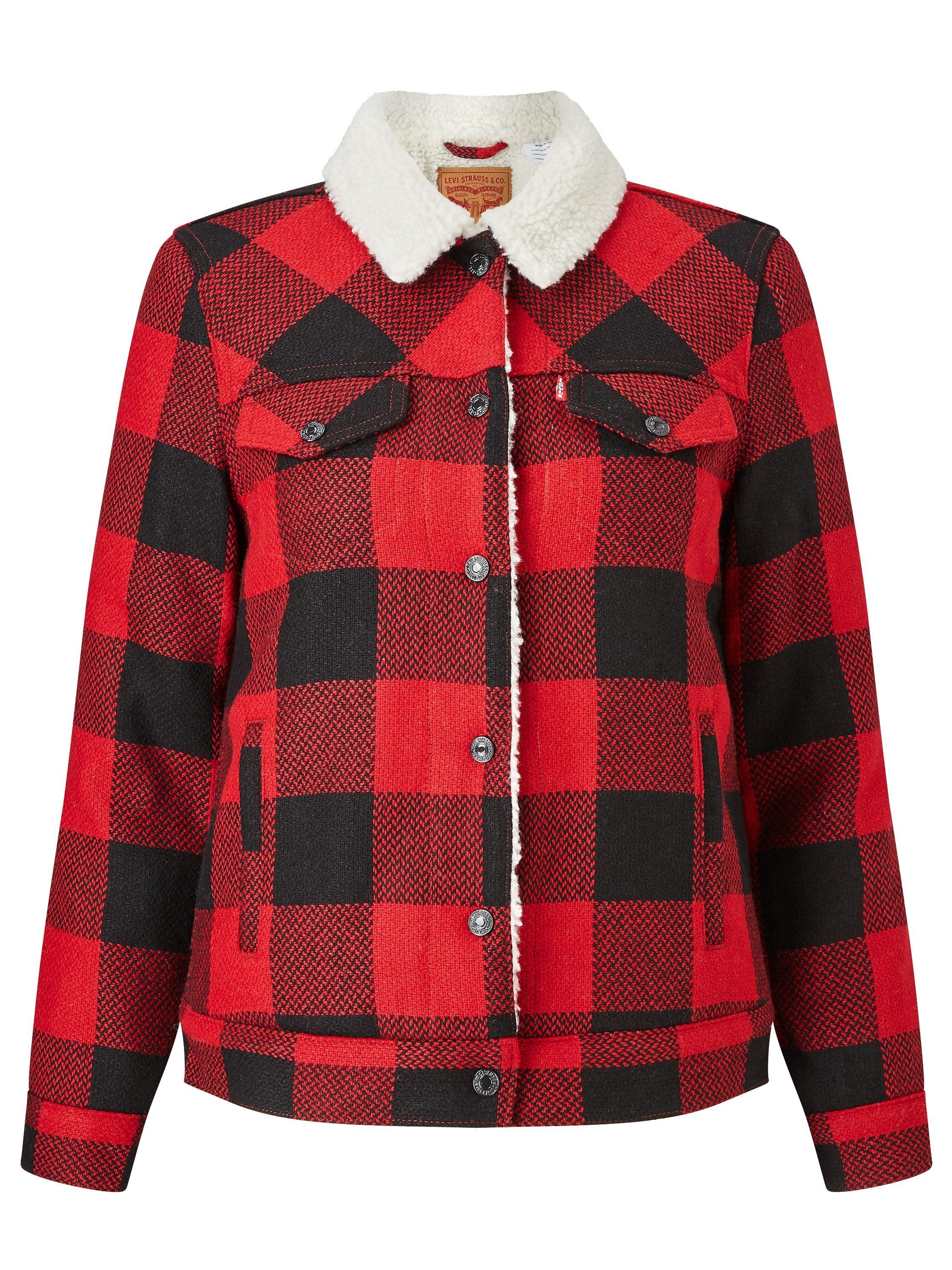 Levi s Check Sherpa Trucker Jacket Cherry Bomb Plaid