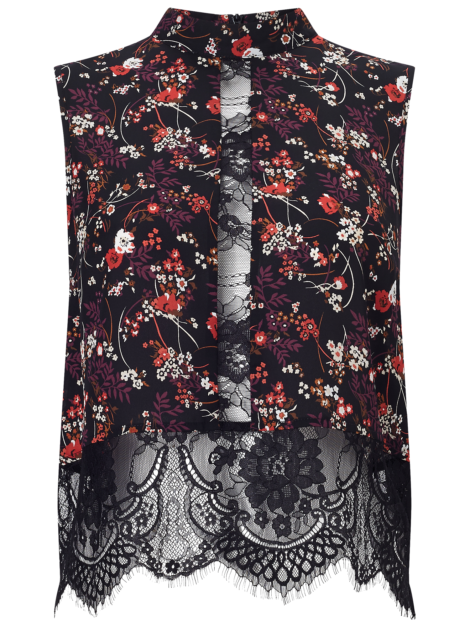 Miss Selfridge Floral Lace High Neck Top, Black/Multi